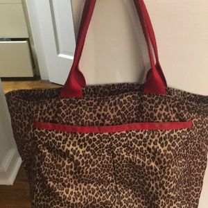 Leopard print tote with red trim